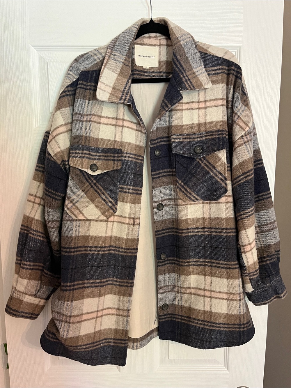 Thread & Supply Plaid Shacket in Navy, Brown & Cream